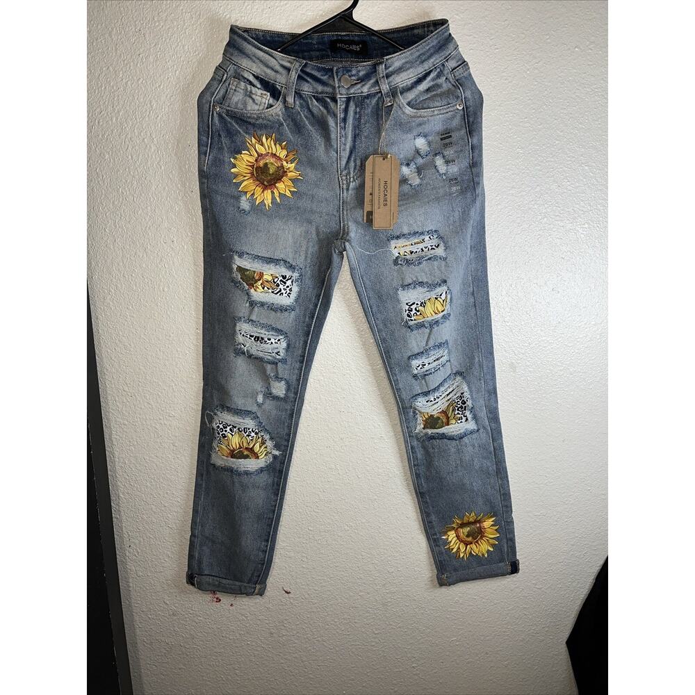 Hocaies Womens Fashion Jeans Size 26 Distressed Selvedge Flower Straight Denim